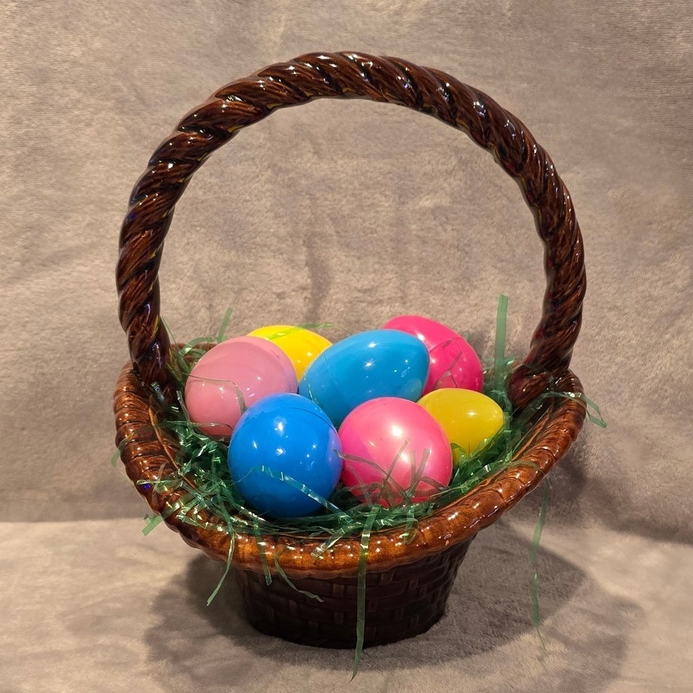 Vintage 1983 Signed Ceramic Easter Basket Brown Glazed Woven Pottery with Eggs